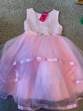Girls' Light Pink Tulle Party Dress with Satin Ribbon Waist